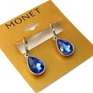 Monet Earrings Blue Crystal Teardrop Dangle NWT